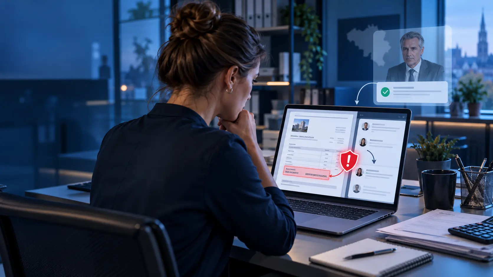 Boekhoudmedewerker controleert een verdachte factuur bij AI-gestuurde CEO-fraude